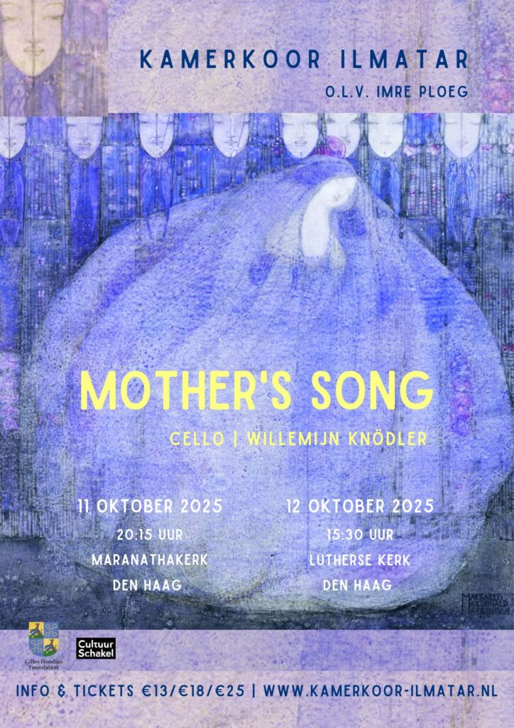 Poster voor Mother's song met in de achtergrond een in blauwe tinten geschilderde Maria. Informatie voor concert is boven te vinden.